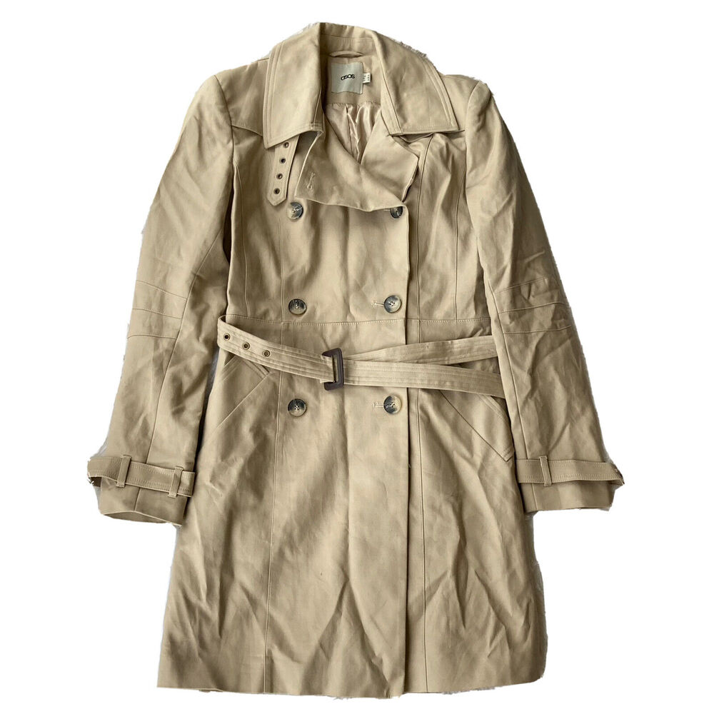 Asos Womens Sz 6 Trench Coat Double Breasted Jacket Tan Outwear Collar Tie Belt